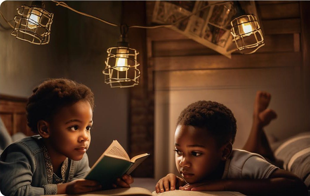 Children reading by lamplight powered by a portable station